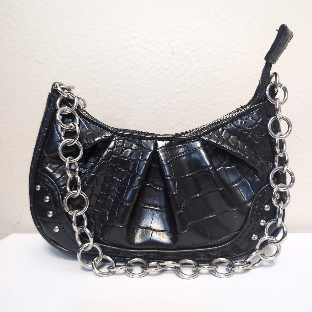 Faux Croc Studded Shoulder Bag with Chain Strap
